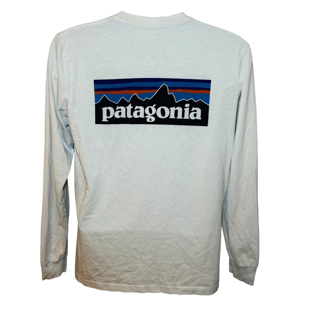 Patagonia Mens Medium‎ P-6 Logo Responsibili-Tee White Long Sleeve Crew Neck